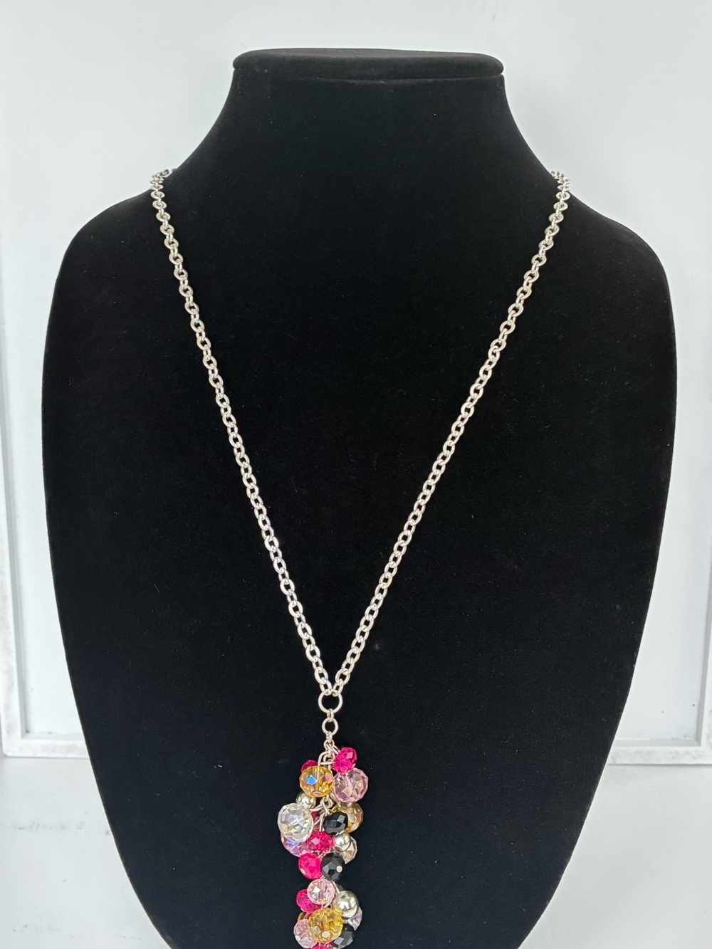 Silver Chain Necklace with Multicolor Crystal Cluster Pendant - Women Jewelry